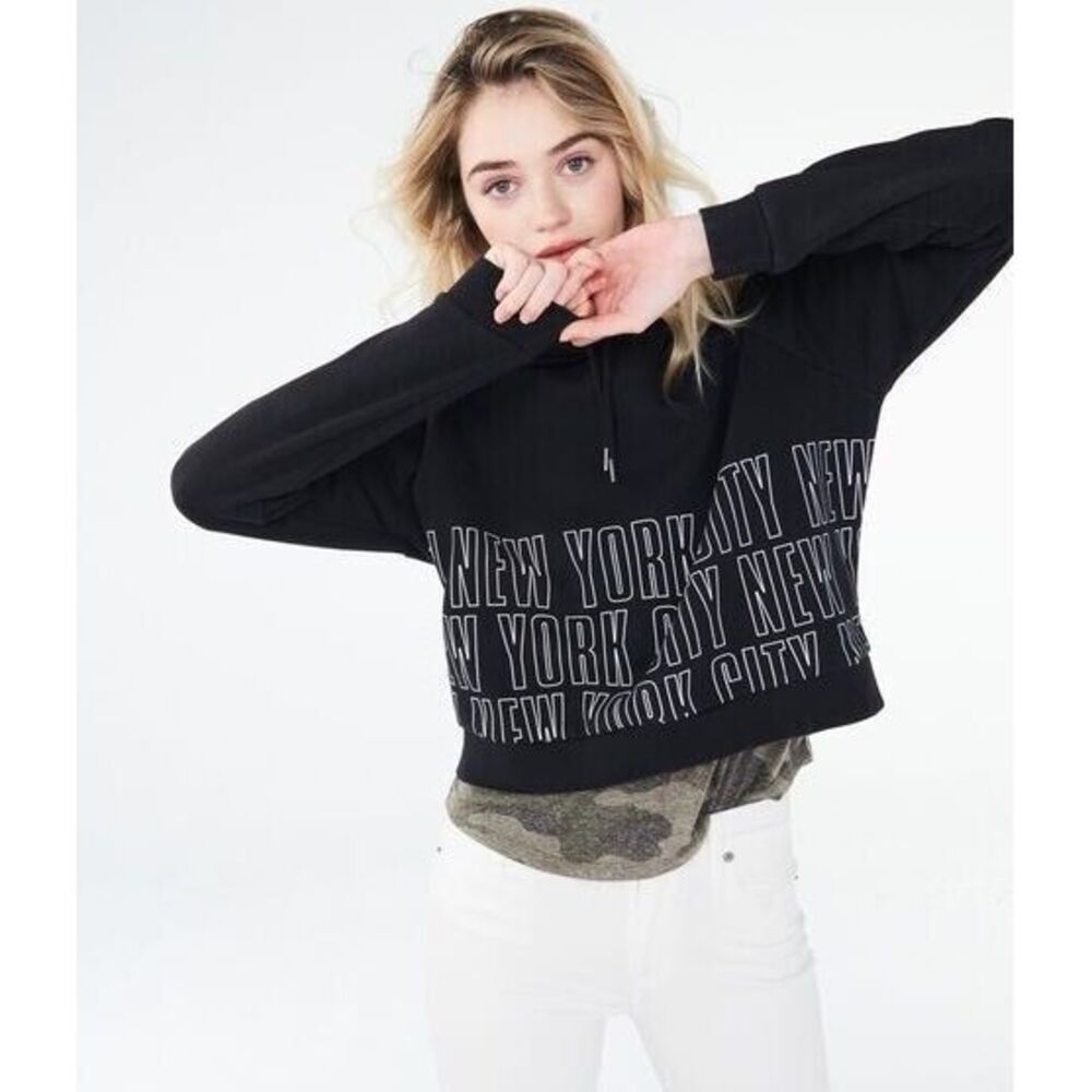 Aeropostale Womens Large Cropped New York City Pullover Hoodie Hooded Sweatshirt